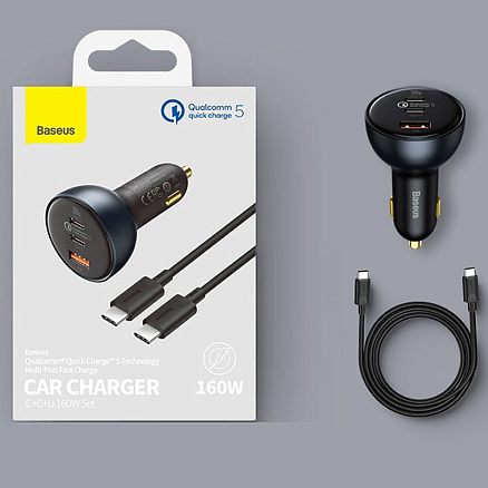 Зарядное устройство автомобильное с USB и двумя Type-C входами 160W Baseus Technology Multi-Port (быстрая зарядка QC 5.0) черное