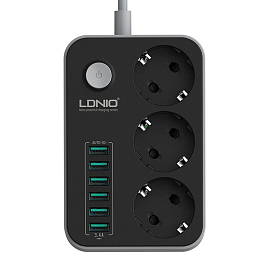 Сетевой фильтр на 3 розетки 6 USB 3.4A длина 1,6 м Ldnio SE3631