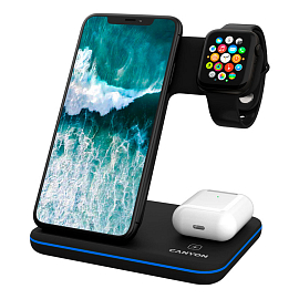 Беспроводная зарядка 3-в-1 для телефона, Apple Watch и AirPods 15W Canyon WS-303 (быстрая зарядка) черная