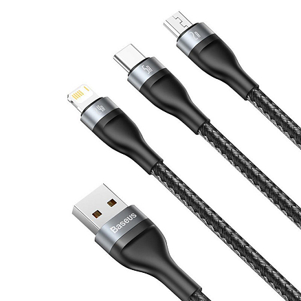 Кабель USB - Lightning, MicroUSB, Type-C 1,2 м 5A 66W плетеный Baseus Flash (быстрая зарядка) черный