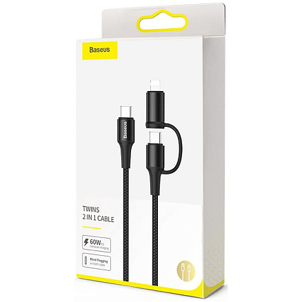 Кабель Type-C - Type-C 60W, Lightning 20W 1 м 3A 20V Baseus Twins (быстрая зарядка PD) черный