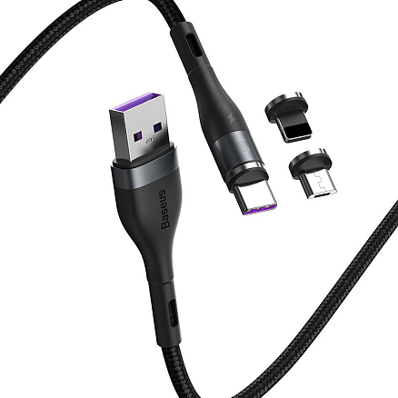 Кабель USB - MicroUSB, Lightning, Type-C 1 м 5А 40W магнитный плетеный Baseus Zinc (быстрая зарядка) черно-серый