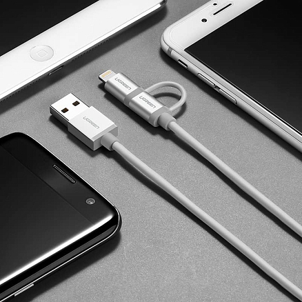Кабель USB - MicroUSB, Lightning 1 м 2.4А MFi Ugreen US165 серебристый