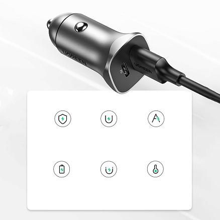 Зарядное устройство автомобильное с USB и Type-C входами 3A 20W Ugreen CD130 (быстрая зарядка PD 3.0, QC 3.0) серебристое