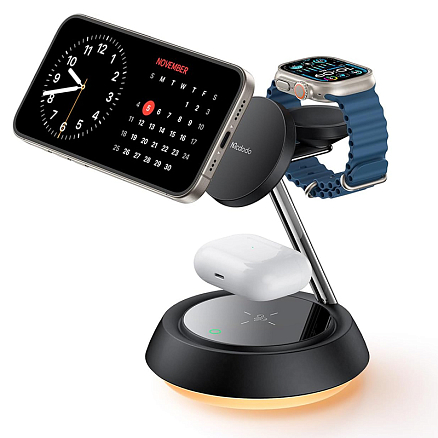 Беспроводная зарядка 3-в-1 MagSafe для телефона, Apple Watch и AirPods 15W с ночником McDodo CH-4952 черная