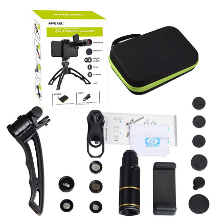 Объектив для телефона универсальный 6-в-1: Telephoto 16Х, Fisheye, Wide-Angle, Macro и 2 фильтра Apexel APL-JS16 + штатив для телефона