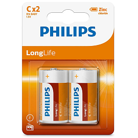 Батарейка LR14 (бочка маленькая C) Philips Longlife Zinc R14L2B/97 упаковка 2 шт.