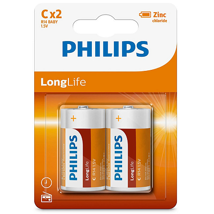 Батарейка LR14 (бочка маленькая C) Philips Longlife Zinc R14L2B/97 упаковка 2 шт.