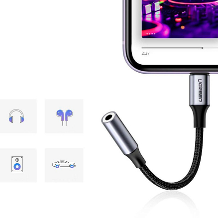 Переходник Lightning - 3,5 мм (папа - мама) для наушников 10 см плетеный Ugreen US211 черный