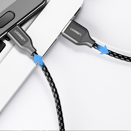 Кабель Type-C - USB 2.0 для зарядки 1,5 м 5А плетеный с чехлом Ugreen US259 (быстрая зарядка) черно-серый