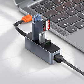 USB 3.2 Gen.1 HUB (разветвитель) на 3 порта + Gigabit Ethernet Baseus Steel Cannon серый