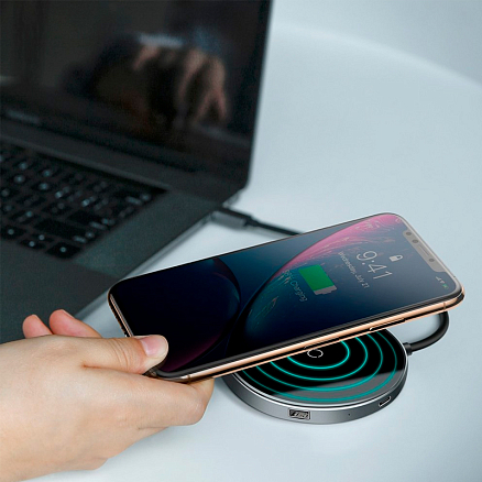 Беспроводная зарядка для телефона с USB хабом на 4 порта Baseus Circular Mirror (быстрая зарядка) c Type-C кабелем черная