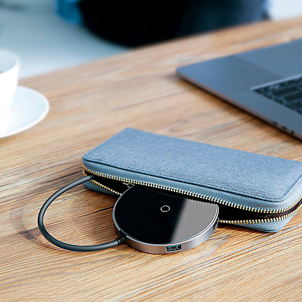 Беспроводная зарядка для телефона с USB хабом на 4 порта Baseus Circular Mirror (быстрая зарядка) c Type-C кабелем черная