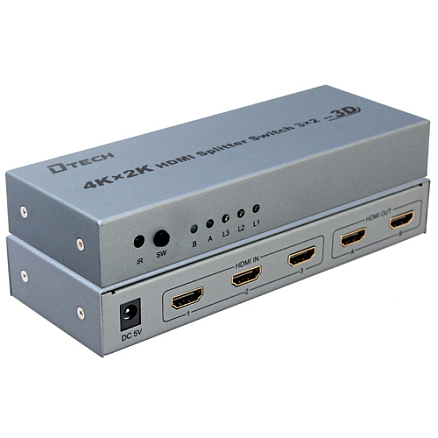 HDMI Switch-Splitter (разветвитель) 3x2 порта 4Kx2K (3 HDMI входа на 2 HDMI выхода) Dtech DT-7432 с пультом
