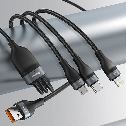 Кабель USB - Lightning, MicroUSB, Type-C 1,2 м 5A 66W плетеный Baseus Flash (быстрая зарядка) черный