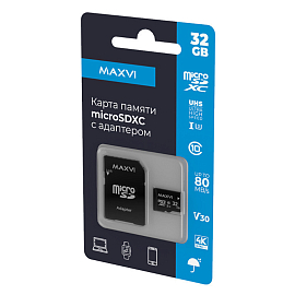 Карта памяти Maxvi MSD32GBC10V30 MicroSDXC 32Gb Class 10 UHS-I V30 с адаптером SD