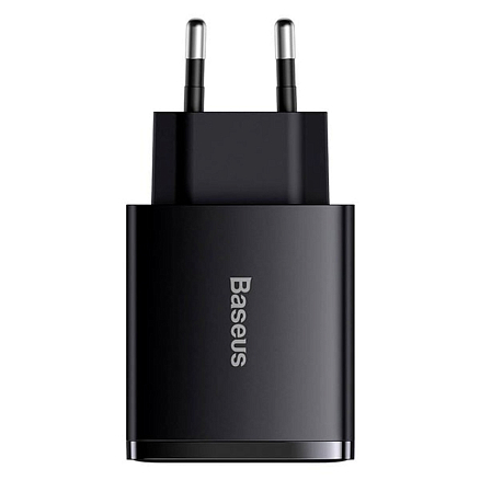 Зарядное устройство сетевое с двумя USB и Type-C входом 3А 30W Baseus Compact (быстрая зарядка PD, QC 3.0) черное