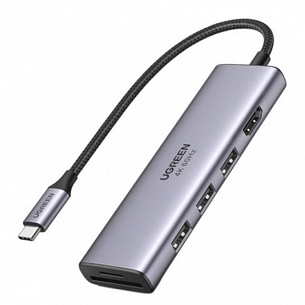 Хаб (разветвитель) Type-C - HDMI 4K 30Hz, 3 х USB 3.0 с картридером SD и MicroSD Ugreen CM511 серый
