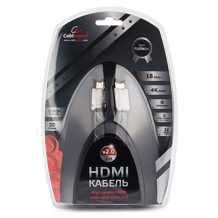 Кабель HDMI - HDMI (папа - папа) длина 3 м версия 2.0 4K 60Hz плетеный Cablexpert черный