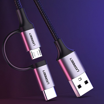 Кабель USB - MicroUSB, Type-C для зарядки 1 м 3А плетеный Ugreen US177 черный