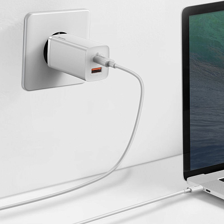 Зарядное устройство сетевое с USB и Type-C входами 5А 65W Baseus GaN2 Lite (быстрая зарядка QC, PD) белое