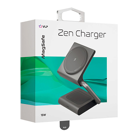Беспроводная зарядка MagSafe 2-в-1 для телефона и наушников 15W 3A VLP Zen Charger (быстрая зарядка) серая