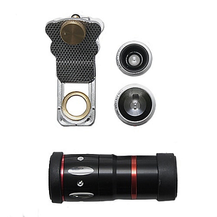 Объектив для телефона универсальный 4-в-1: Fisheye, Wide-Angle, Macro, Telephoto 10х на прищепке серебристый