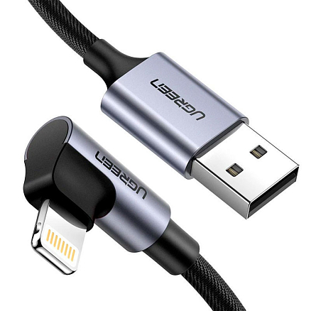 Кабель USB - Lightning для зарядки iPhone 2 м 2.4А MFi с угловым Lightning плетеный Ugreen US299 черный