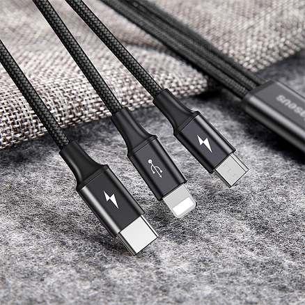 Кабель USB - Lightning, MicroUSB, Type-C 1,2 м 3A плетеный Baseus Rapid черный
