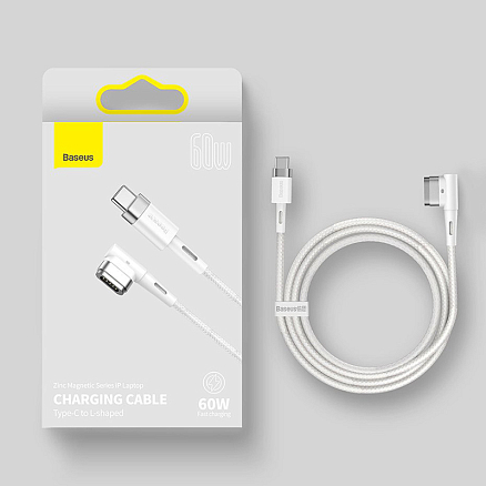 Кабель Type-C - MagSafe для зарядки Macbook длина 2 м 60W магнитный плетеный с L-образным штекером Baseus Zinc белый
