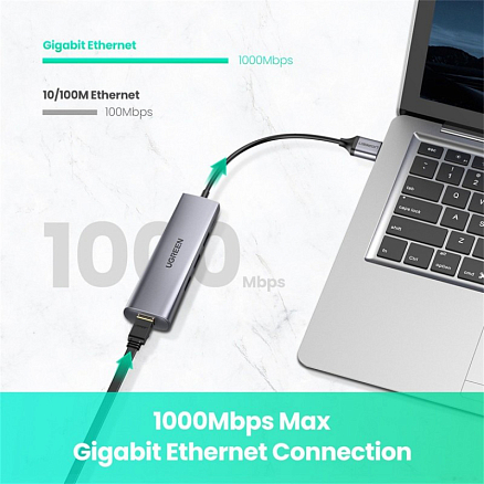 USB 3.0 HUB (разветвитель) на 3 порта + Gigabit Ethernet Ugreen CM266 с питанием MicroUSB черный