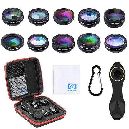 Объектив для телефона универсальный 10-в-1: Telephoto 2X, Fisheye, Wide-Angle, Macro и 6 фильтров Apexel APL-DG10