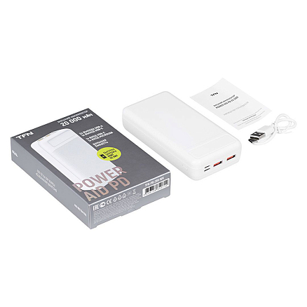 Внешний аккумулятор TFN PowerAid 20000мАч (2 x USB, Type-C, microUSB, быстрая зарядка) белый