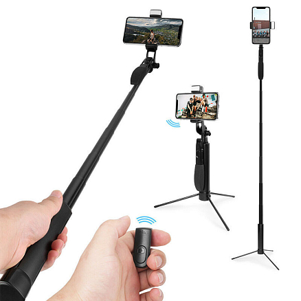 Монопод-стабилизатор Bluetooth 1-осевой с кнопкой, треногой и подсветкой Nova A21 (длина 160 см) черный