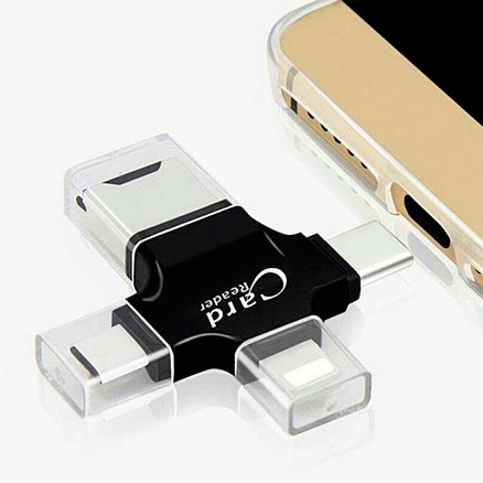 Картридер MicroSD 4-в-1 Lightning, Type-C, MicroUSB, USB iDragon U-010 черный