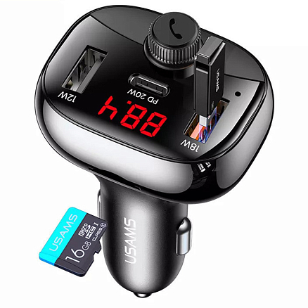 FM модулятор (трансмиттер) автомобильный Usams US-CC143 с громкой связью, двумя USB и Type-C (быстрая зарядка QC 3.0, PD) черный