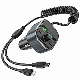 FM модулятор (трансмиттер) автомобильный с громкой связью, USB QC для зарядки и кабелем Type-C + Lightning Hoco E74 серый