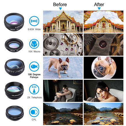 Объектив для телефона универсальный 10-в-1: Telephoto 2X, Fisheye, Wide-Angle, Macro и 6 фильтров Apexel APL-DG10