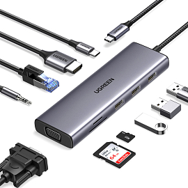 Хаб (разветвитель) Type-C -3 x USB 3.0, HDMI 4K 30Hz, VGA, RJ45, SD, microSD, 3,5 мм, PD 100W Ugreen CM498-15601 серый