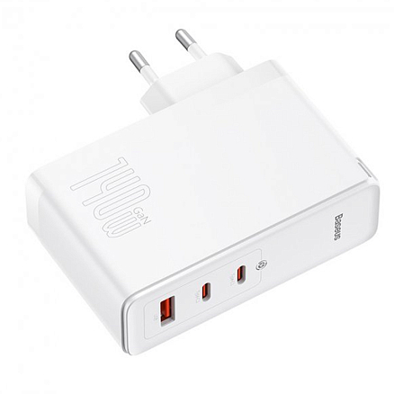 Зарядное устройство сетевое с USB и двумя Type-C входами с кабелем 5A 140W Baseus GaN5 Pro (быстрая зарядка QC, PD) белое