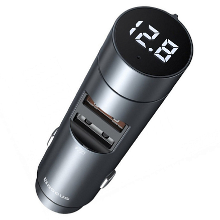 FM модулятор (трансмиттер) автомобильный Baseus Energy Column с громкой связью и двумя USB (3.1A) для зарядки темно-серый