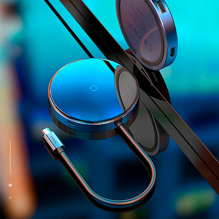 Беспроводная зарядка для телефона с USB хабом на 4 порта Baseus Circular Mirror (быстрая зарядка) c Type-C кабелем черная