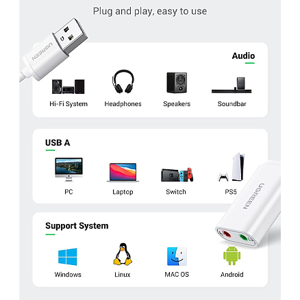 Внешняя звуковая карта USB 2.0 Ugreen US205 белая
