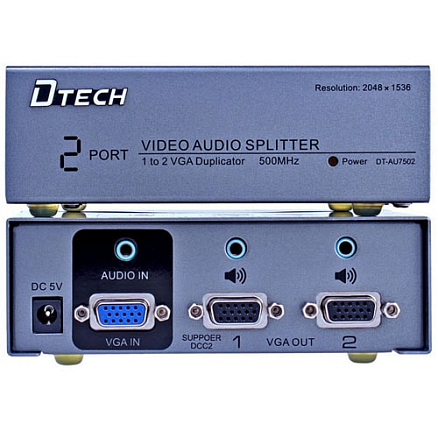 VGA Splitter (разветвитель) на 2 порта + Audio (1 VGA вход на 2 VGA выхода) Dtech DT-AU7502