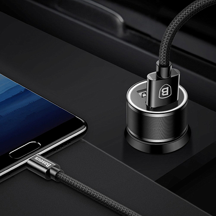Зарядное устройство автомобильное с двумя USB входами 3.4A и Type-C кабелем Baseus Small Screw (быстрая зарядка QC 3.0) черное