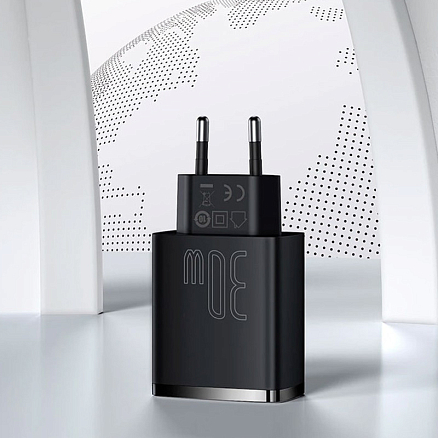 Зарядное устройство сетевое с двумя USB и Type-C входом 3А 30W Baseus Compact (быстрая зарядка PD, QC 3.0) черное