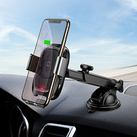 Держатель автомобильный на стекло или панель с беспроводной зарядкой (быстрая) и автоматическим зажимом Baseus Smart Vehicle черный