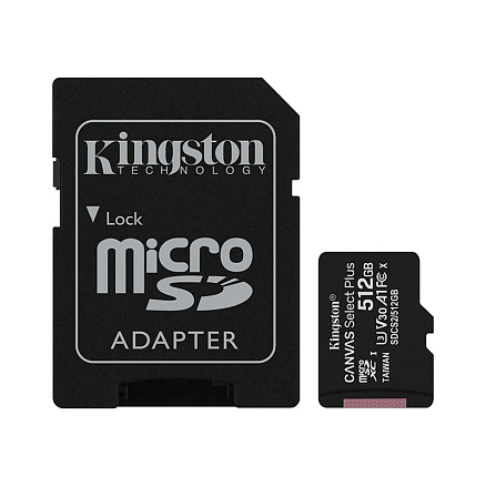 Карта памяти Kingston Canvas Select Plus MicroSDHC 512Gb UHS-I U3 V30 100 Мб/с с адаптером SD