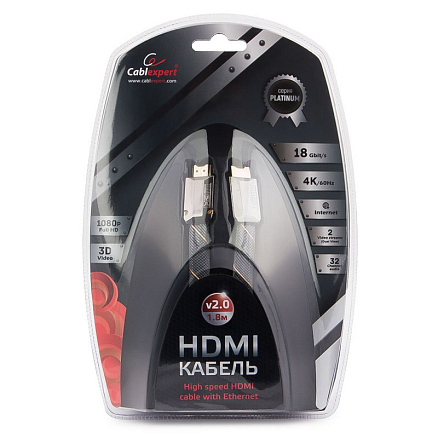 Кабель HDMI - HDMI (папа - папа) длина 1,8 м версия 2.0 4K 60Hz плетеный Cablexpert черный