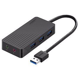 USB 3.0 HUB (разветвитель) на 3 порта с внешней звуковой картой Ugreen CR133 с питанием MicroUSB черный
